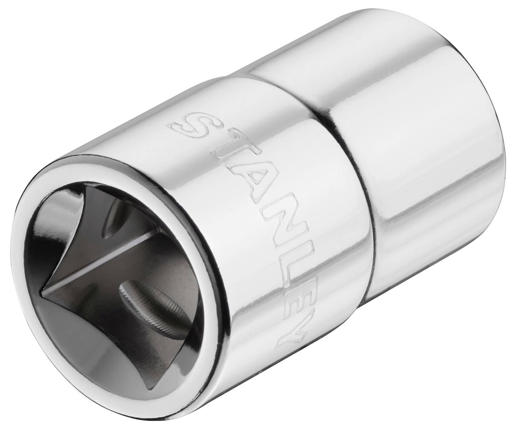 Metalowa nasadka sześciokątna z wewnętrznym gniazdem sześciokątnym i oznaczeniem "Stanley", stosowana do prac ślusarskich i montażowych.