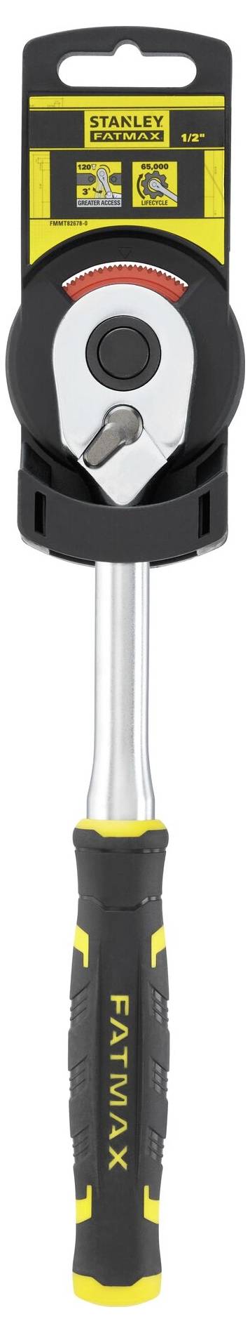 Grzechotka z przedłużoną rękojeścią z serii Stanley FatMax, w kolorach żółto-czarnych, przeznaczona do różnorodnych zastosowań rzemieślniczych.