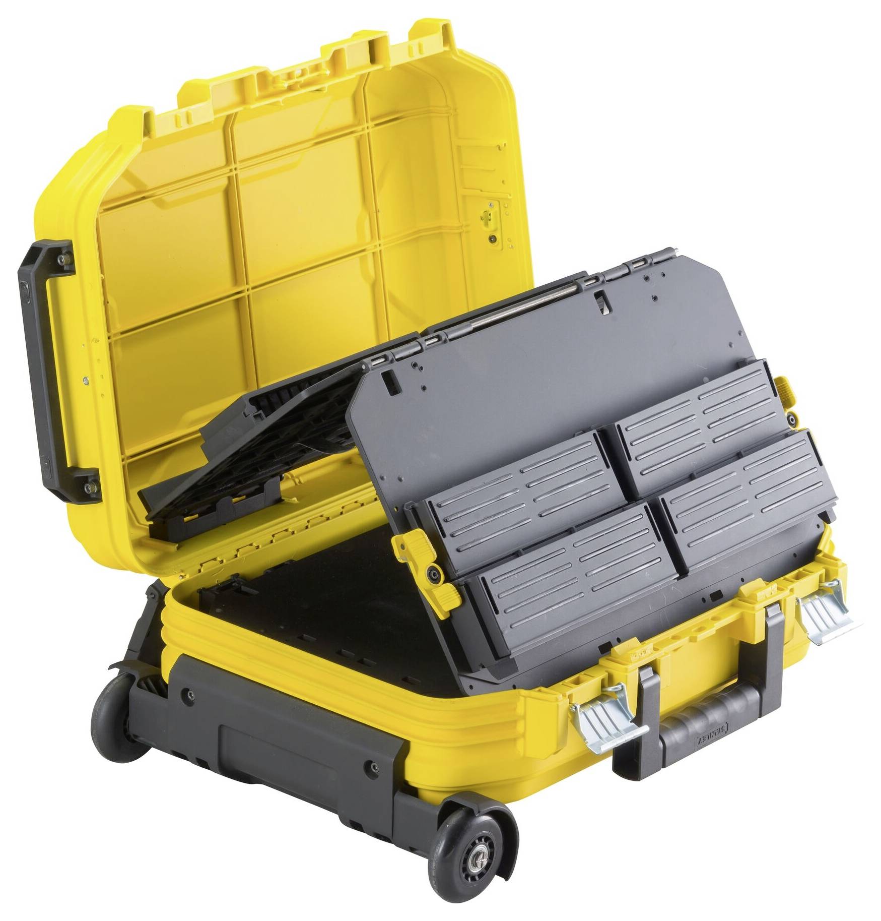 Żółta skrzynka narzędziowa z otwartą pokrywą, wyposażona we wnętrzu w regulowane wkładki na narzędzia, zamontowana na kółkach dla łatwego transportu.