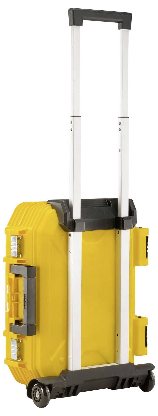 Żółta walizka narzędziowa na kółkach z wysuwaną rączką. Stojąca pionowo, po lewej stronie dwa szare dźwignie. Odpowiednia do mobilności i transportu.