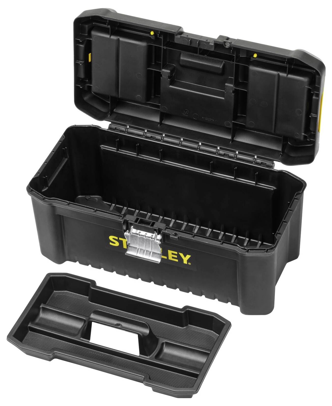 Czarny skrzynka narzędziowa z otwartą pokrywą i wyjmowaną przegrodą, z żółtym napisem 'STANLEY' na przedniej stronie.