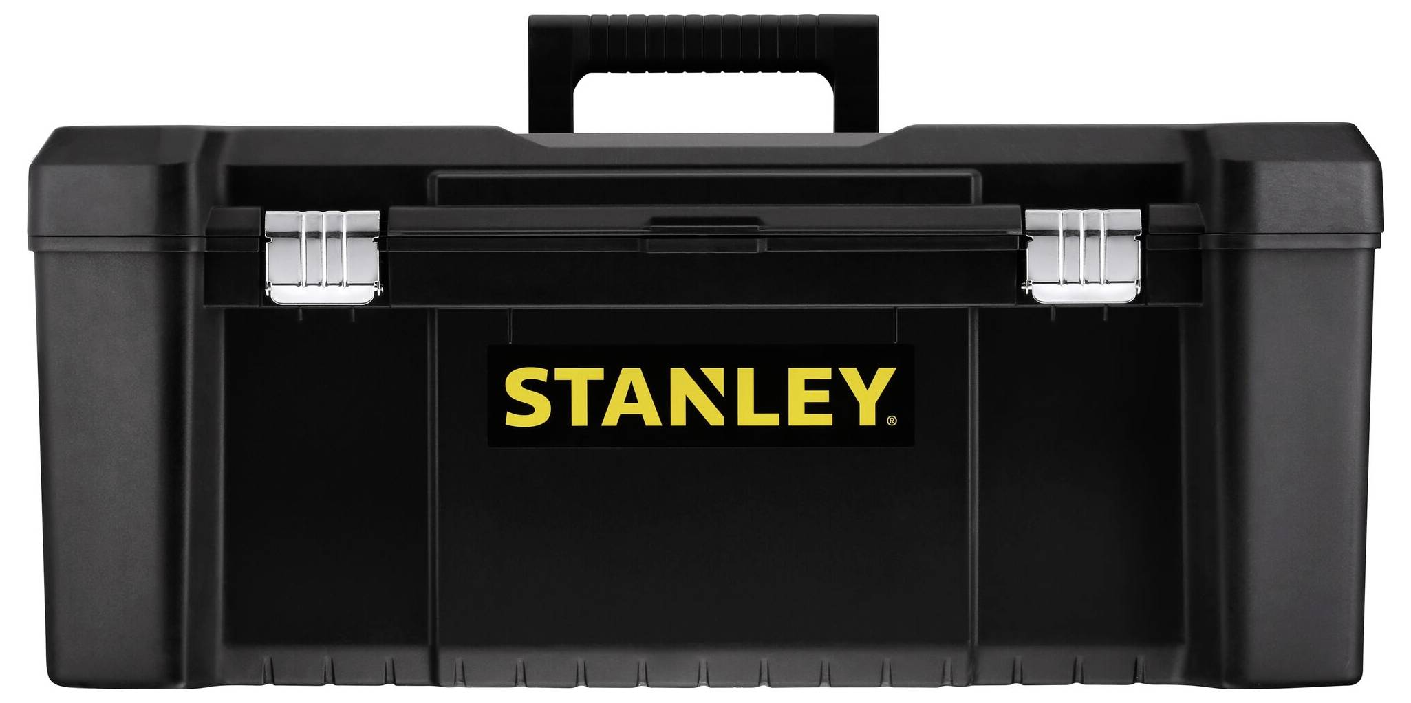 Czarny skrzynka narzędziowa z żółtym napisem 'Stanley' z przodu.