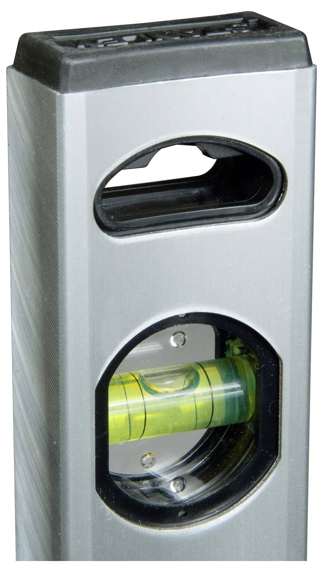 Poziomica w srebrnym kolorze z jedną librą, pokazuje, czy powierzchnia jest pozioma.