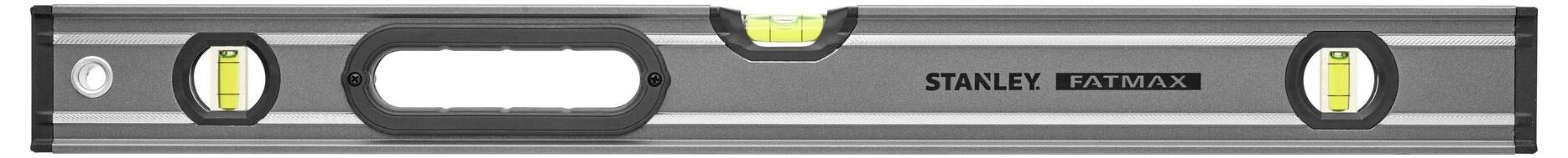 Poziomnica z trzema bańkami, na której widnieje napis 'Stanley Fatmax', wskazuje wyrównanie w poziomie i pionie.