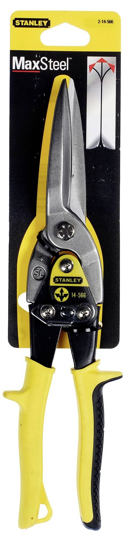 Nożyce Stanley MaxSteel, żółto-czarne, w opakowaniu blistrowym. Odpowiednie do cięcia blach metalowych.