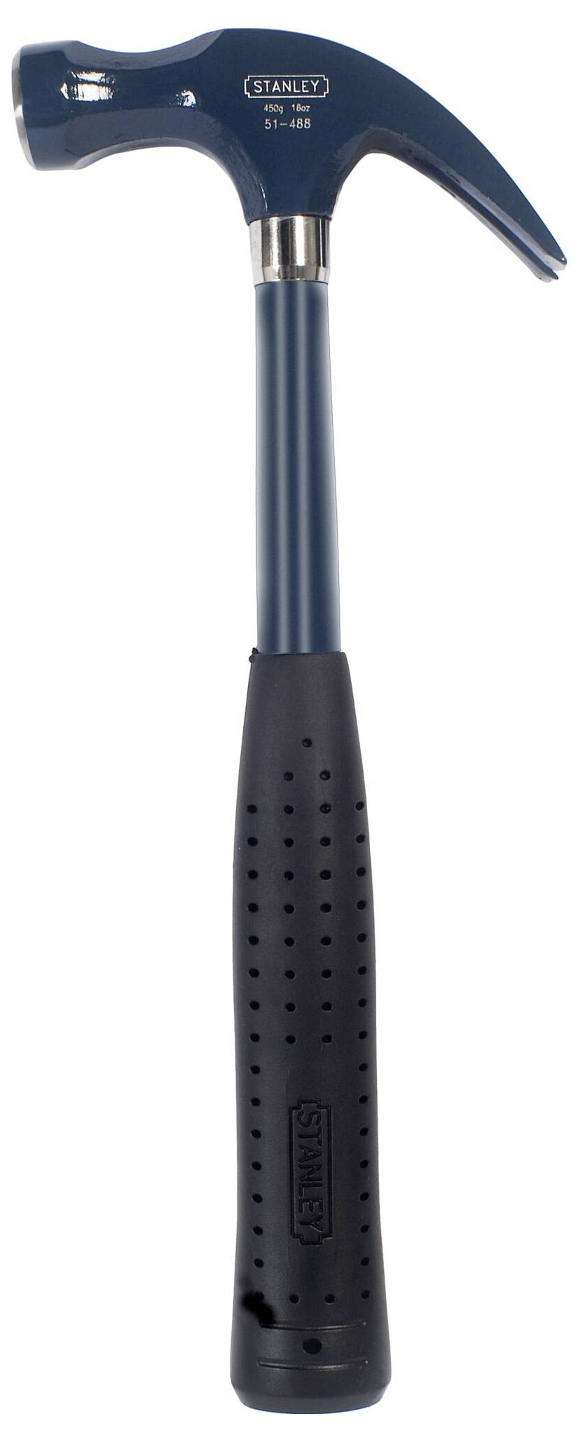 Niebieski młotek z czarnym gumowanym uchwytem. Na górze wydrukowana jest nazwa marki 'Stanley'. Odpowiedni do ogólnych prac budowlanych.