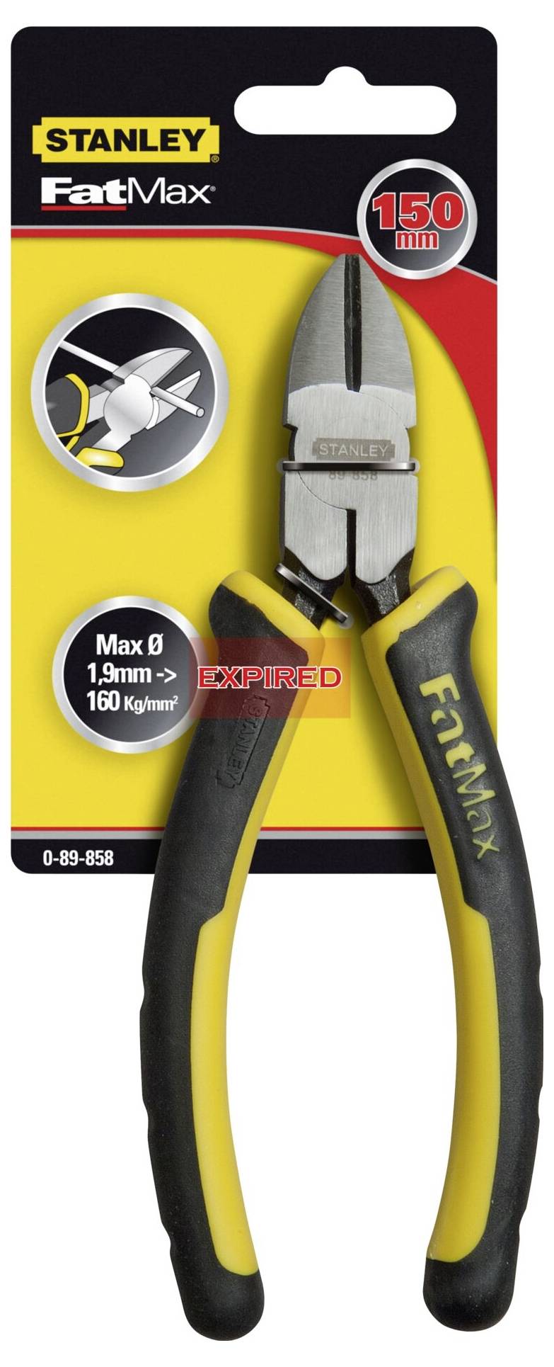 Żółto-czarne szczypce FatMax firmy Stanley, na karcie opakowaniowej z informacją 'Max Ø 1,9 mm – 160 kg/mm²'.