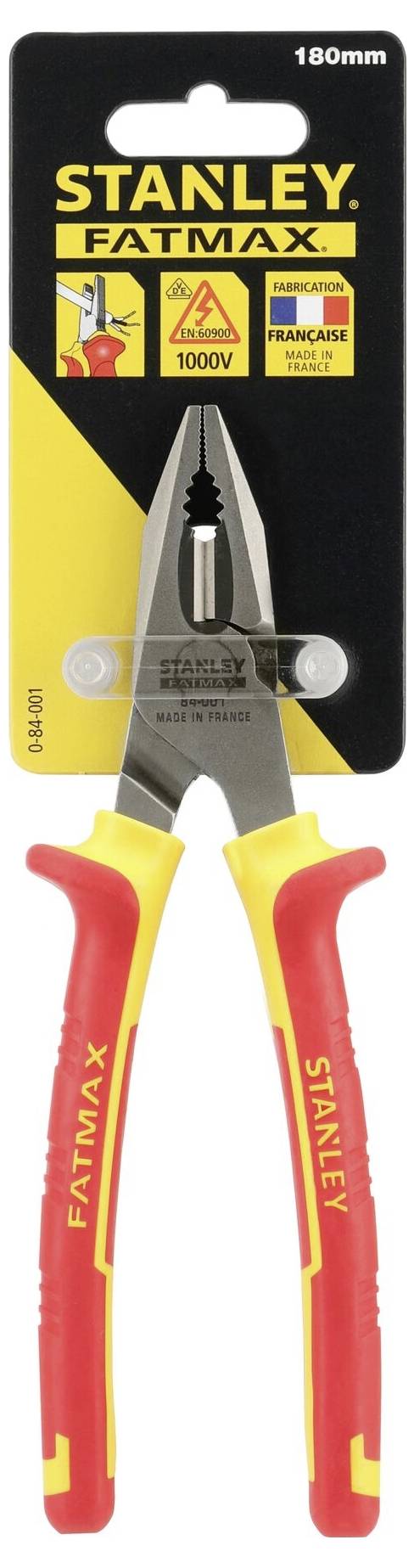 Szczypce Langbecka firmy Stanley Fatmax, izolowane do 1000V, z uchwytem żółto-czerwonym. Opakowanie zawiera logo marki i ikony bezpieczeństwa.