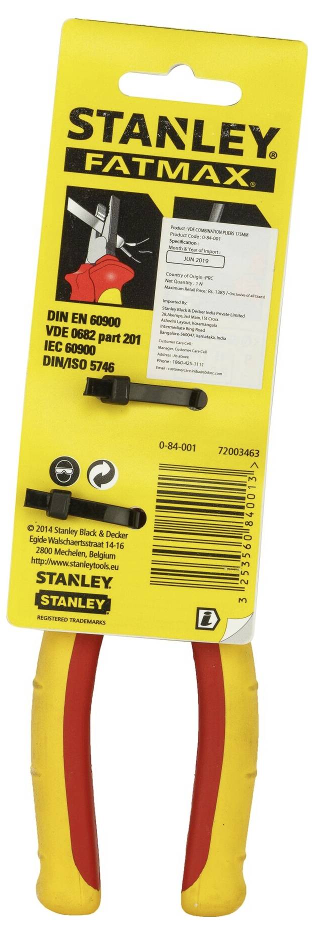 Żółte, ergonomiczne szczypce uniwersalne Stanley FatMax, certyfikowane zgodnie z normą DIN EN 60900, przeznaczone do bezpiecznej pracy przy instalacjach elektrycznych.