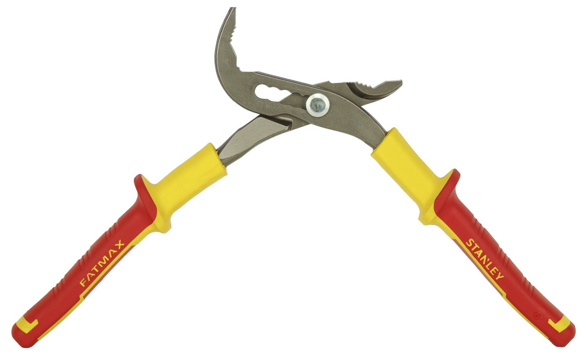 Szczypce w kolorach czerwonym i żółtym z antypoślizgowymi rękojeściami i regulowanymi szczękami, przeznaczone do chwytania obiektów o różnych rozmiarach.