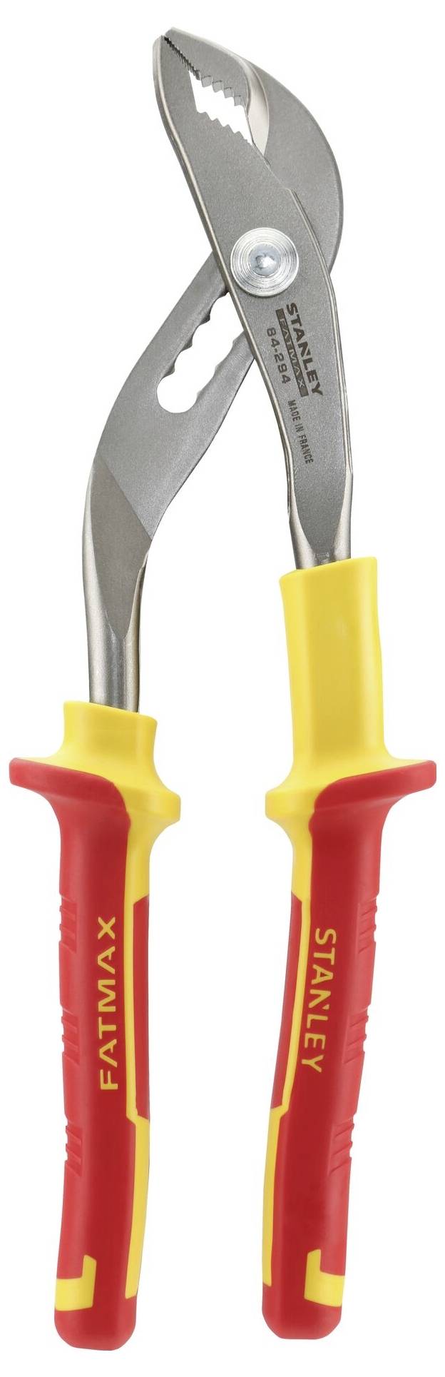 Czerwono-żółte szczypce uniwersalne FatMax z ryflowanymi uchwytami i regulowanymi szczękami.