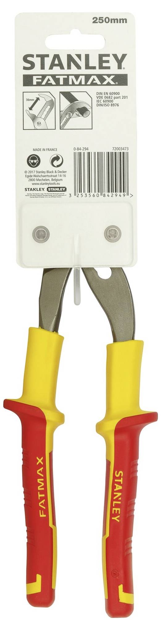 Szczypce 'STANLEY FATMAX' 250 mm z uchwytami w kolorze żółto-czerwonym oraz etykietą opakowania z informacjami o produkcie u góry.