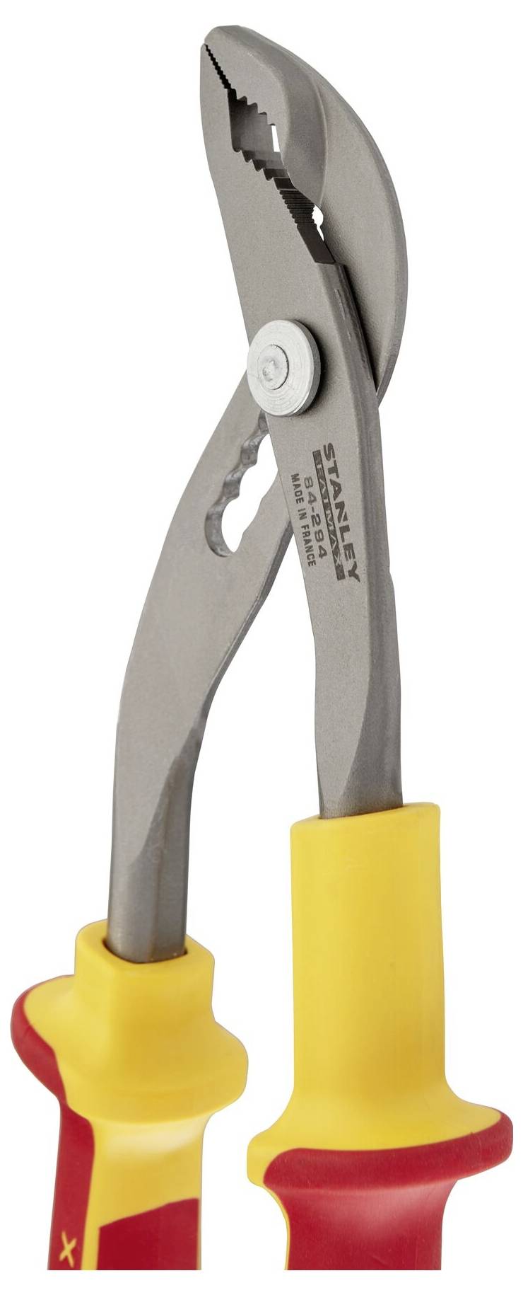 Kombinerki z izolowanymi uchwytami, odpowiednie do prac przy instalacjach elektrycznych. Widoczne jest logo Stanley oraz rozpiętość szczęk.