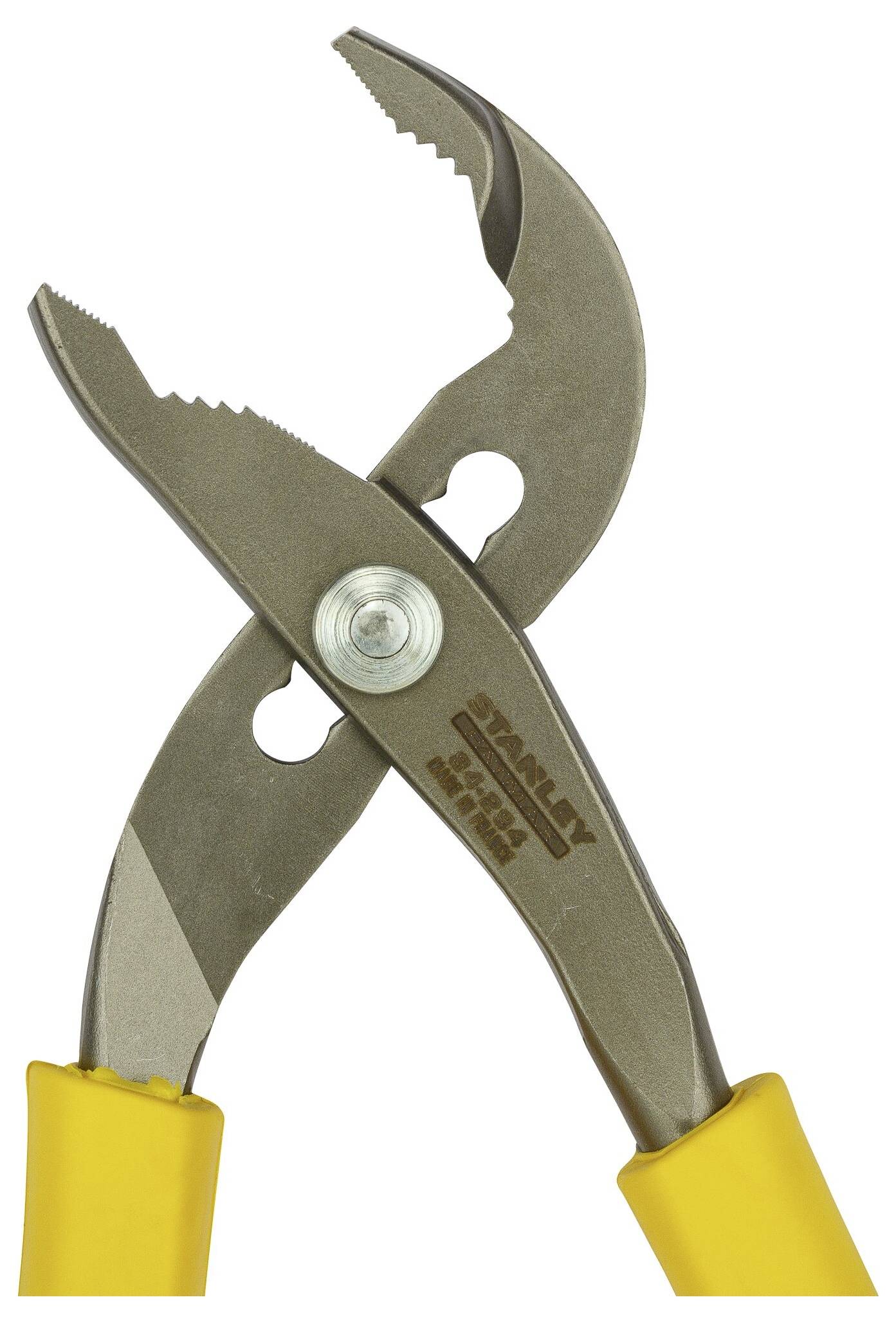 Szczypce z regulowanymi szczękami i żółtą rękojeścią, ustawione w pozycji otwartej.