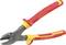 Obcinaczki boczne z czerwonymi i żółtymi uchwytami, odpowiednie do cięcia przewodów.