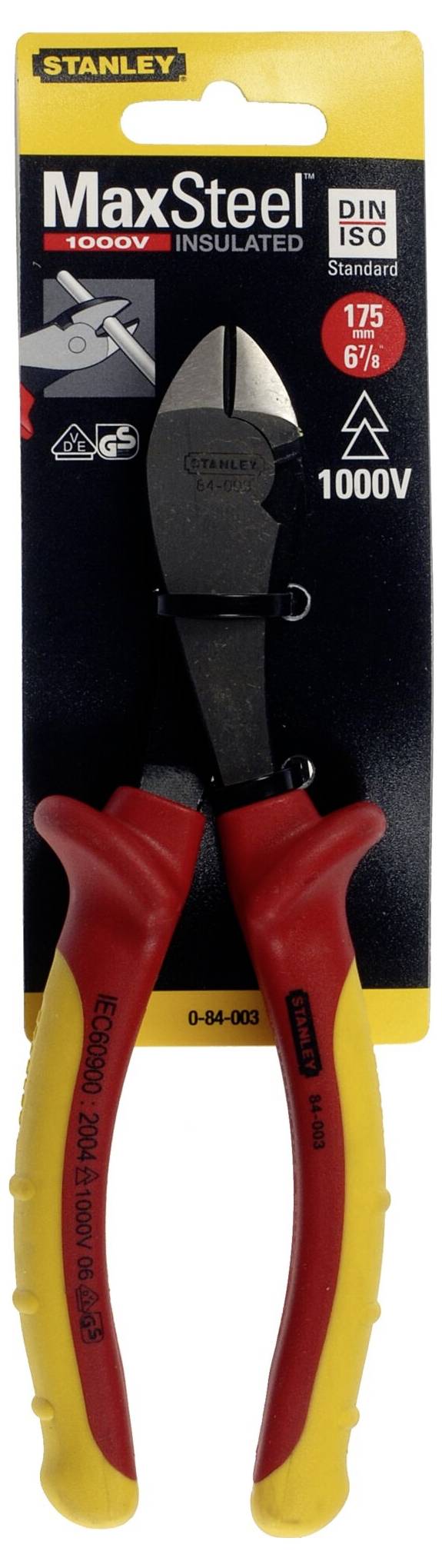 Zange 'Stanley MaxSteel': Widok z boku obcinaczki bocznej w kolorach czerwonym i żółtym, izolowanej do 1000V. Opakowanie z szczegółami technicznymi.
