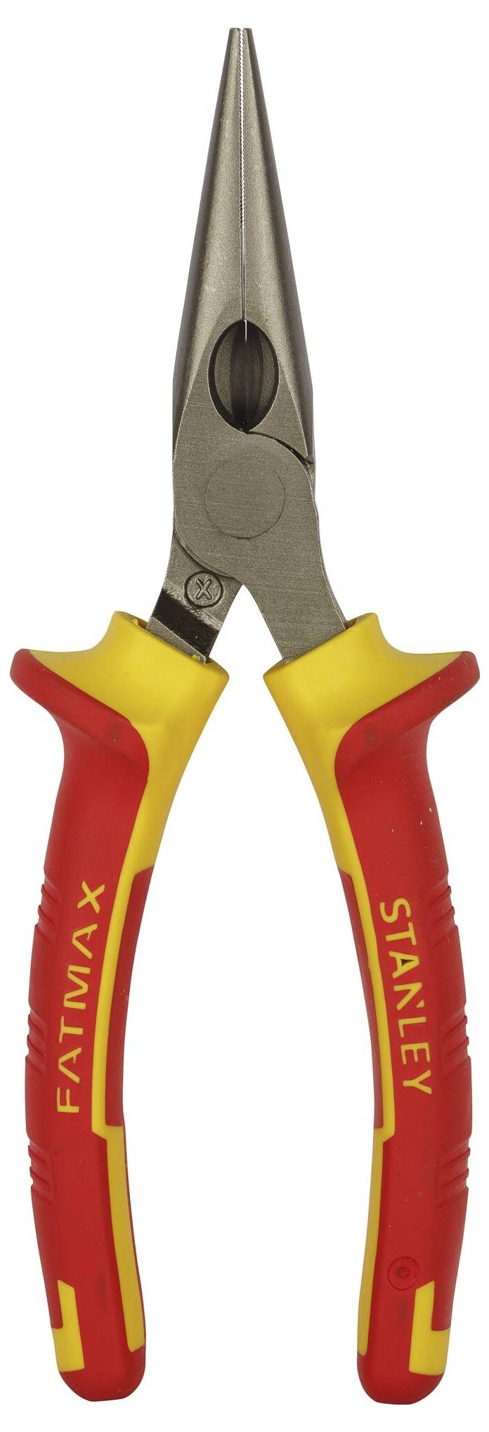 Szczypce uniwersalne z czerwonymi i żółtymi rękojeściami. Mają długie, wąskie szczęki do precyzyjnego chwytania i cięcia przewodów.