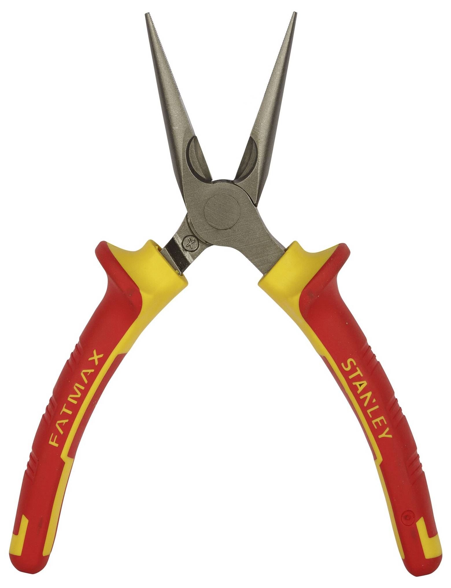 Szczypce szpiczaste w kolorach czerwonym i żółtym z metalowymi końcówkami i gumowanymi uchwytami.