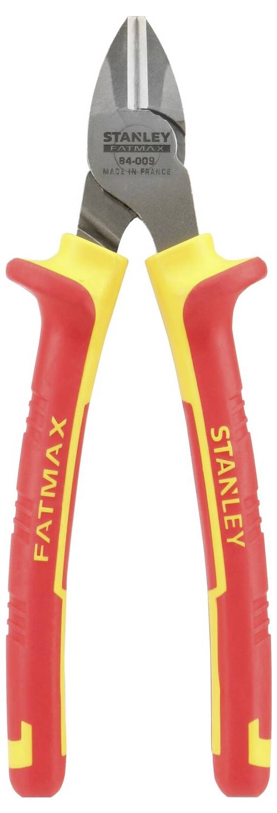 Szczypce Stanley z czerwonymi i żółtymi uchwytami. Numer modelu 156-009. Metalicznie błyszczący łeb szczypiec.