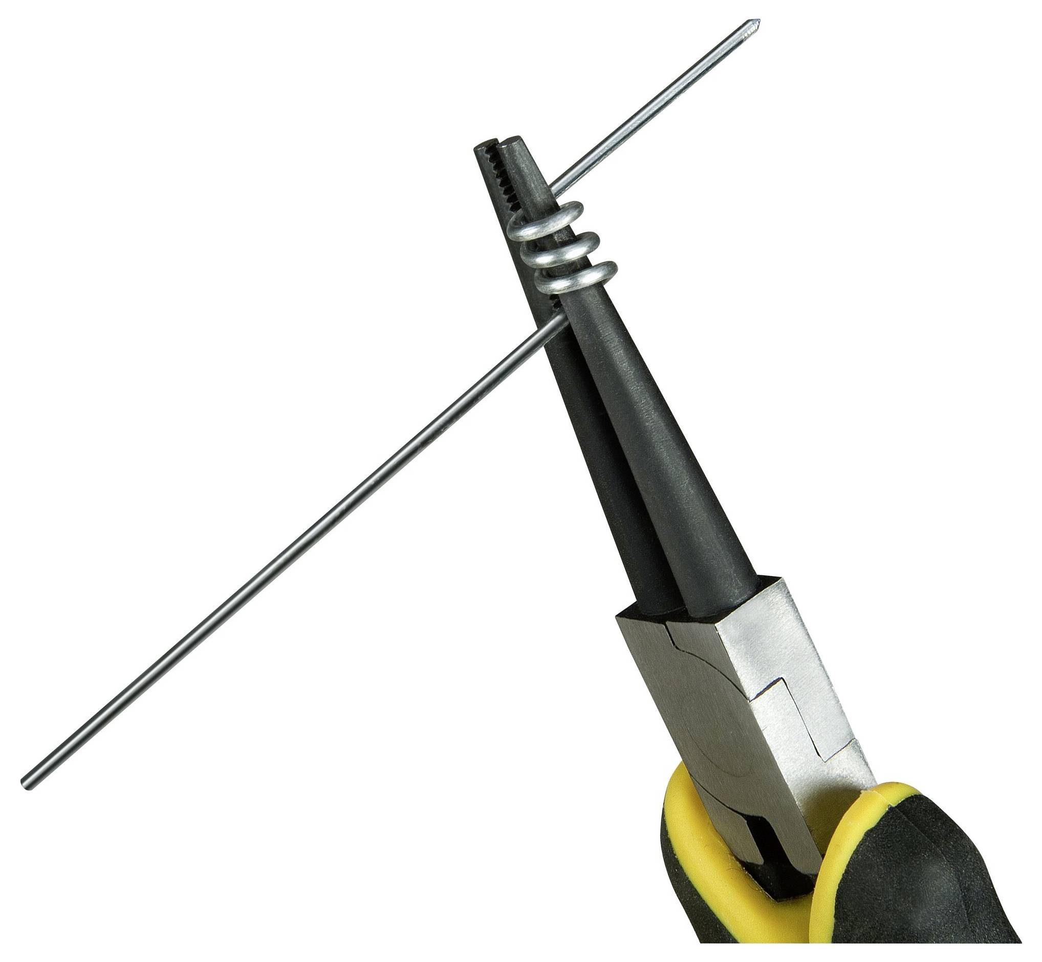 Szczypce zginają cienki pręt metalowy w kształt spirali.