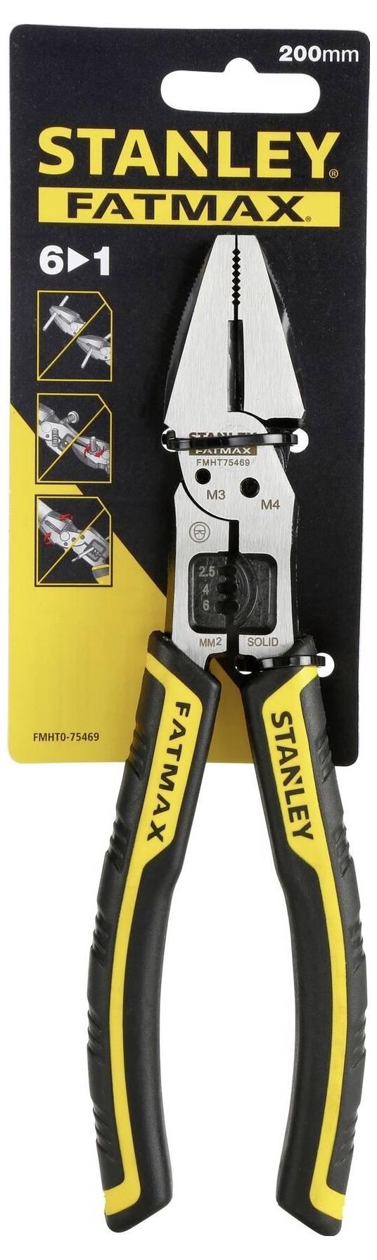 Szczypce płaskie 'Stanley FatMax' 200 mm z antypoślizgowymi uchwytami. Opakowanie prezentuje cztery ilustracje przedstawiające zastosowania szczypiec.