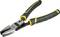Szczypce wielofunkcyjne z czarną rękojeścią i żółtymi akcentami, ułożone poziomo. Nadają się do chwytania, gięcia i cięcia przewodów i kabli.