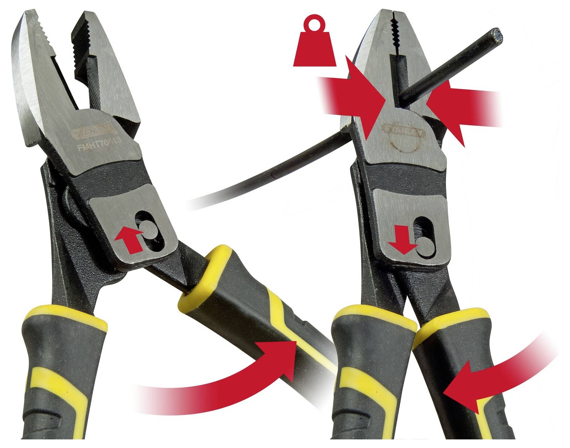 Dwie szczypce z grotami wskazują sztywne ruchy uchwytu, jedna przecina drut. Każde szczypce mają gumowane uchwyty dla lepszej przyczepności.