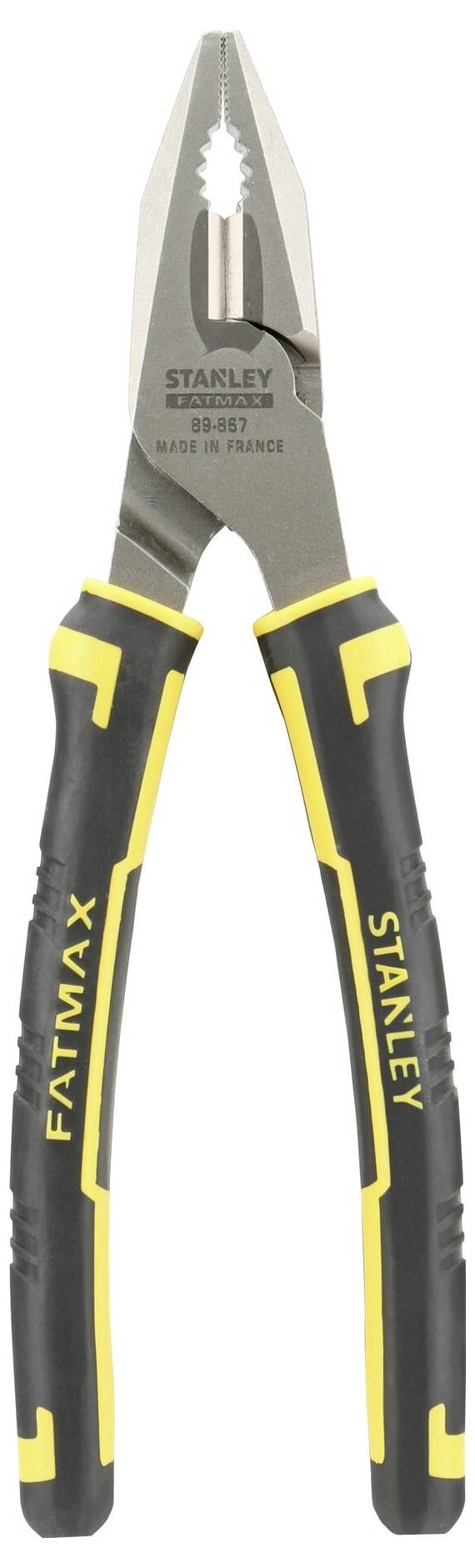 Szczypce z antypoślizgowym uchwytem w kolorach czarnym i żółtym marki 'Stanley Fatmax'.