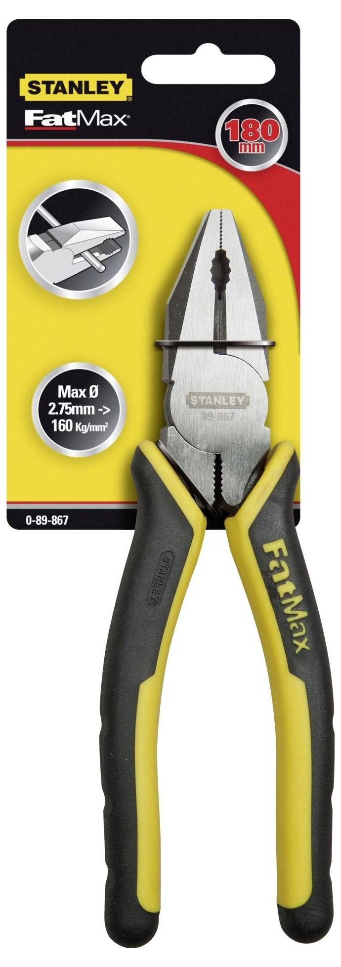 'Szczypce uniwersalne Stanley FatMax z uchwytem żółto-czarnym, odpowiednie dla ładunku do 160 kg i przewodów o średnicy do 2,75 mm.'