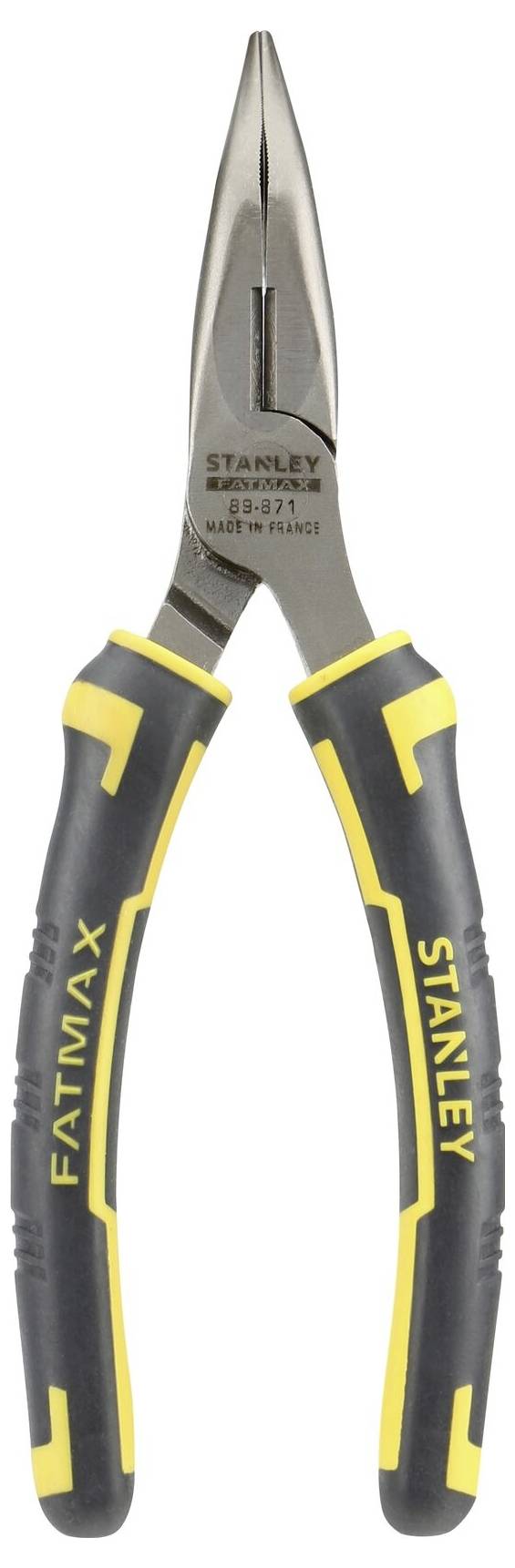 Szczypce Langbecka z uchwytami żółto-czarnymi, marki Stanley Fatmax, odpowiednie do prac chwytających i cięcia.