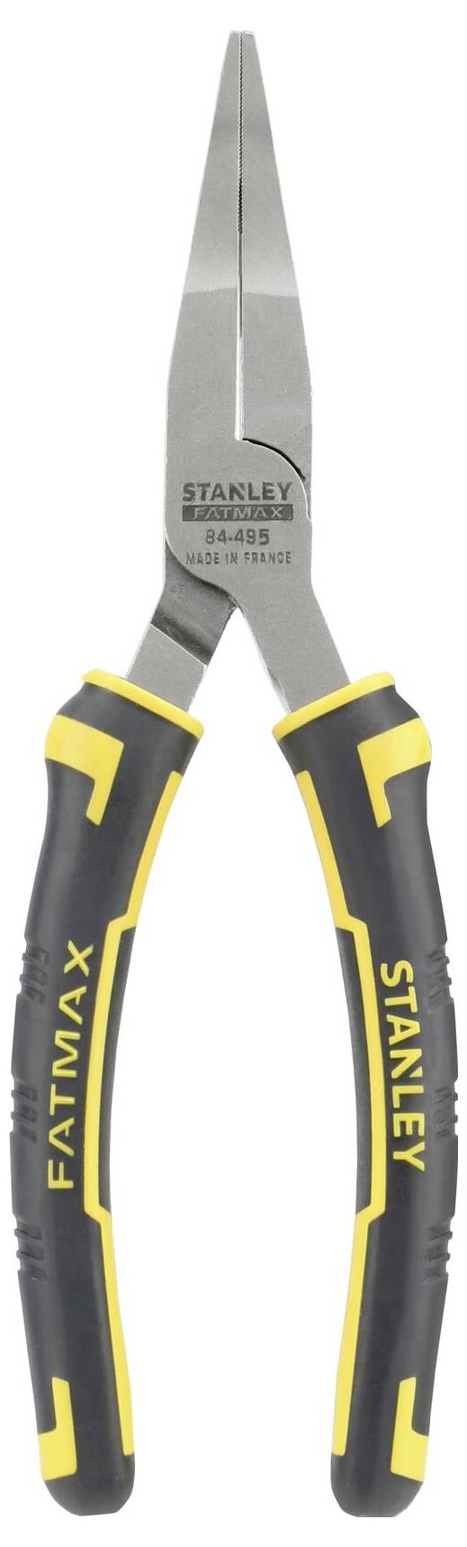 Precyzyjna szczypce płaskie Stanley z czarnym uchwytem i żółtymi akcentami, idealne do precyzyjnego chwytania i cięcia w warsztacie.