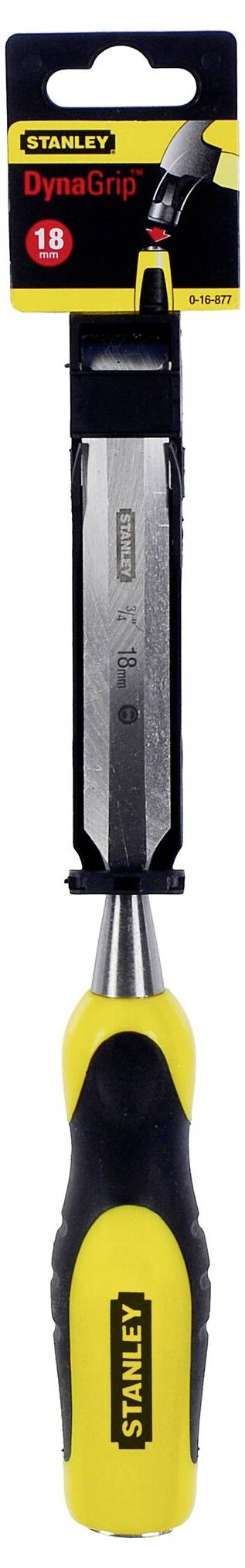Żółty i czarny ręczny dłutko Stanley, model 'Dynagrip', prezentowany wraz z opakowaniem.