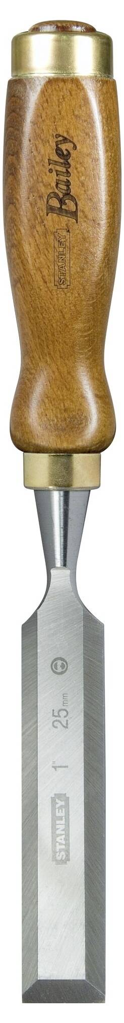 Dłuto drewniane z drewnianą rękojeścią i metalowym ostrzem, oznaczone wskazaniami rozmiaru.