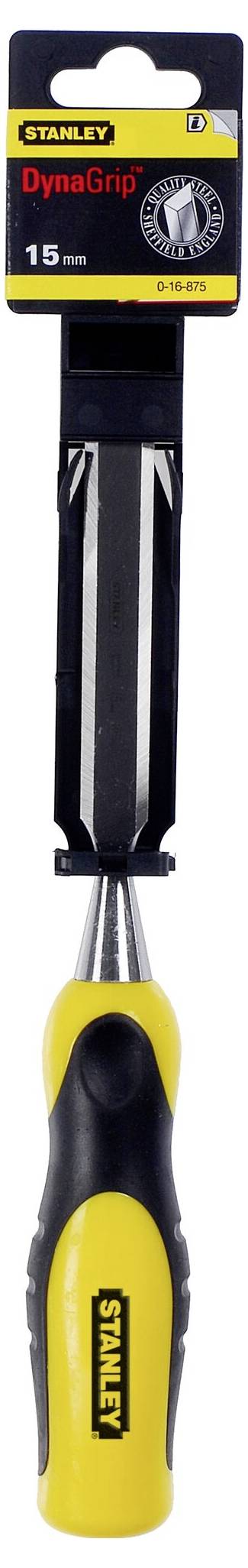 Worek na narzędzia 'Stanley DynaGrip' o szerokości 15 mm z żółto-czarnym uchwytem. Opakowanie prezentuje szczegóły produktu i nazwę marki.