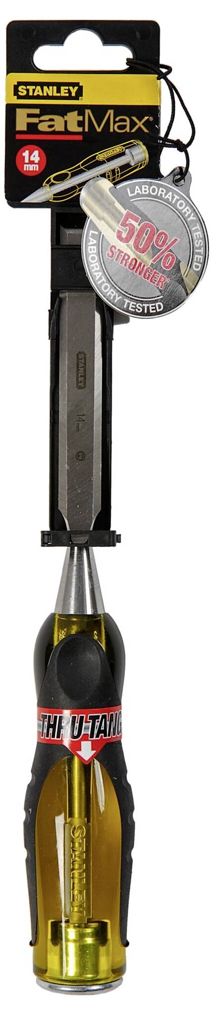 Wkrętak 'STANLEY FatMax' z wymienną końcówką i żółtą rękojeścią. Etykieta podkreśla 50% bardziej kompaktową budowę.