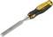 Dłuto z żółto-czarnym uchwytem, wykonane z metalu i tworzywa sztucznego, odpowiednie do prac w drewnie.