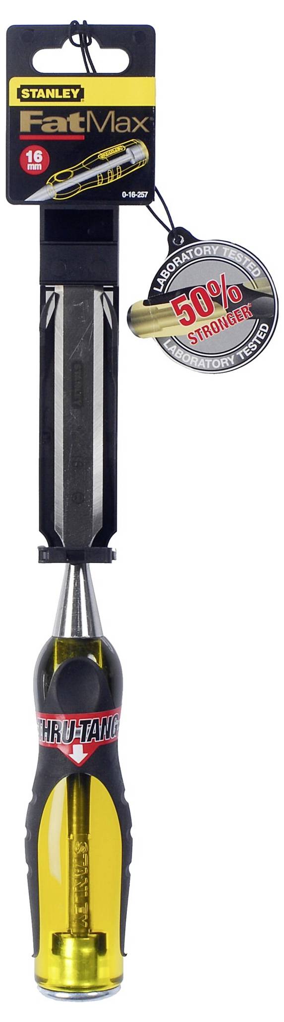Wkrętak Stanley FatMax w opakowaniu, z etykietą '50% mocniejszy', z ergonomicznym uchwytem, reklamowany jako trwały i solidny.