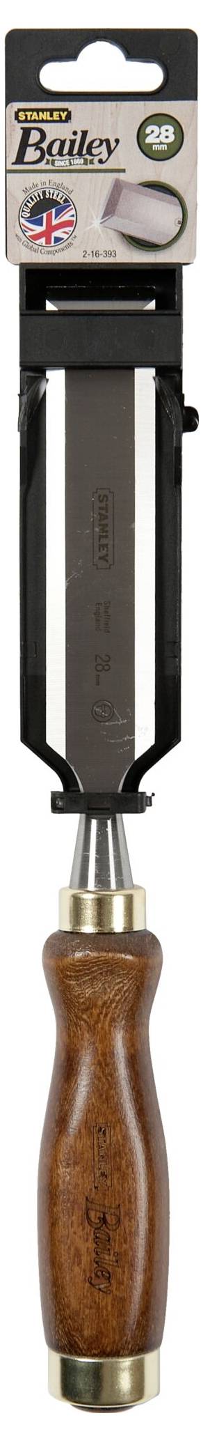 Dłuto z drewnianą rękojeścią i ostrzem ze stali nierdzewnej, zapakowane na karcie z brytyjską flagą i logo 'Bailey' u góry.