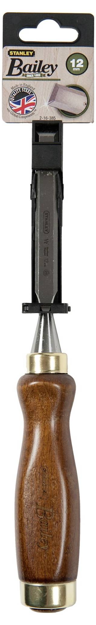 Dłuto z drewnianą rękojeścią i metalowym ostrzem, zapakowane z zawieszką. Na opakowaniu znajduje się flaga brytyjska i napis 'Bailey'.