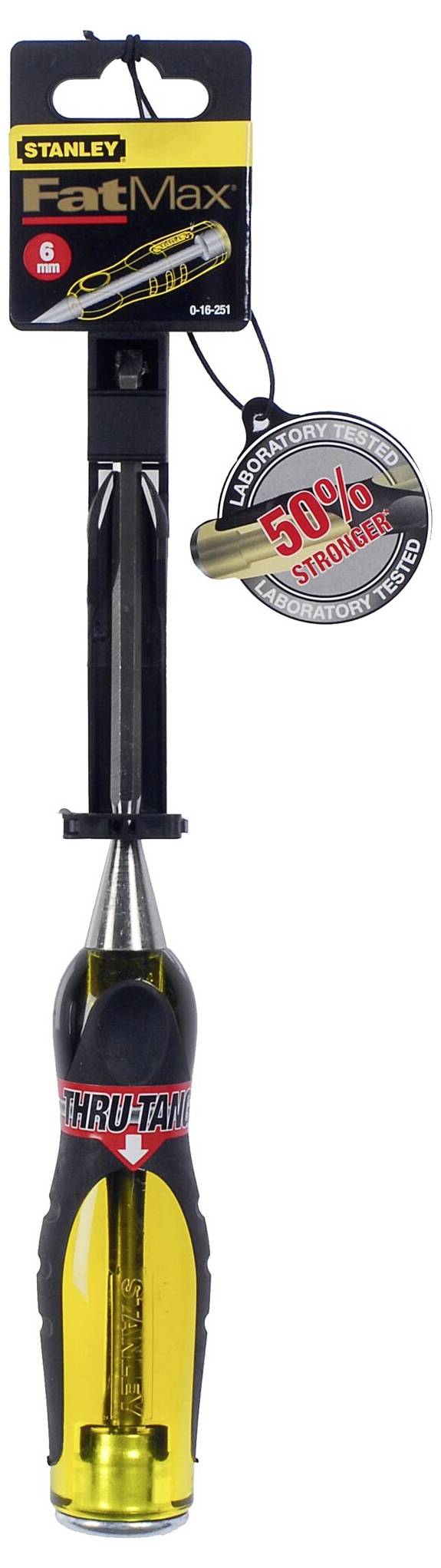 Wkrętak Stanley FatMax, o 50% mocniejszy. Opakowanie z obrazem narzędzia i podkreśleniem jego wytrzymałości.
