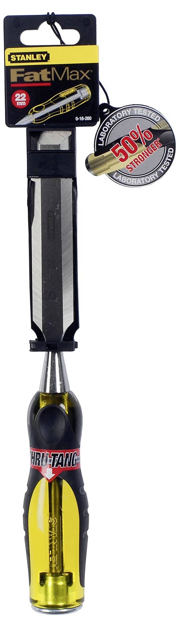 Dłuto marki Stanley FatMax, z ergonomicznym uchwytem i szeroką płaszczyzną ostrza. Opakowanie podkreśla '50% Mocniejsze'.