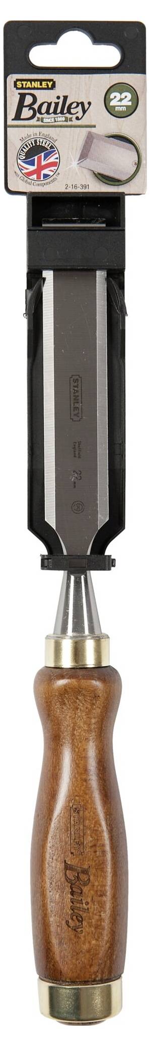 Dłuto 'Stanley' numer 92 z drewnianą rękojeścią i metalowym ostrzem, opakowanie u góry z pieczęcią z flagą brytyjską.