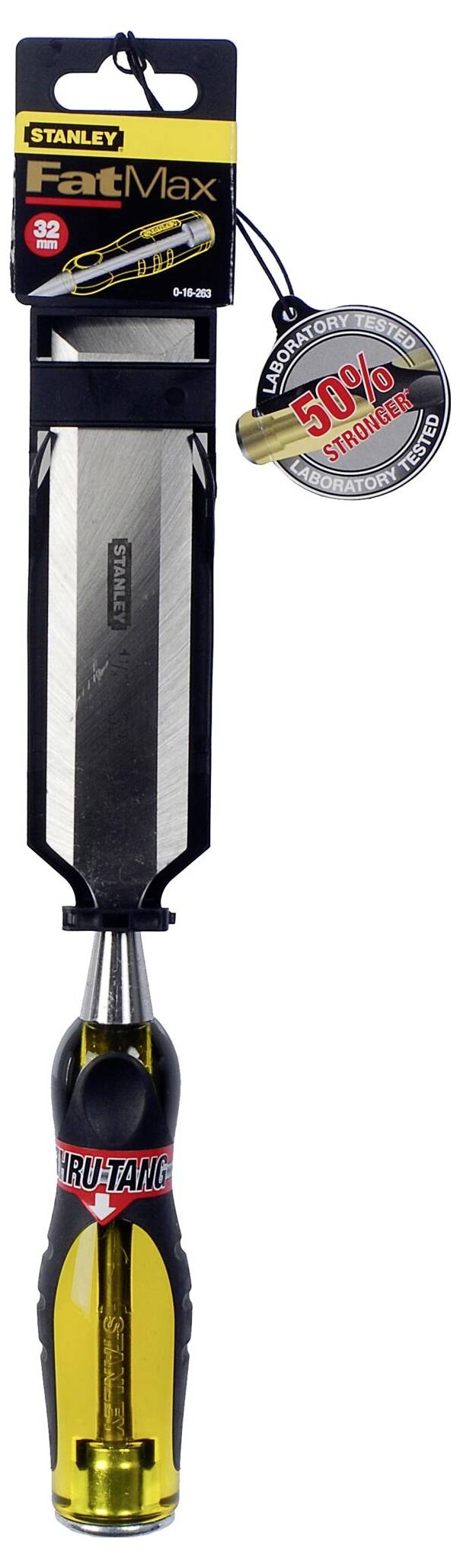 Dłuto Stanley FatMax z czarną rękojeścią i żółtym akcentem. Tekst: '50% mocniejsze'. Zapakowane, gotowe do sprzedaży.