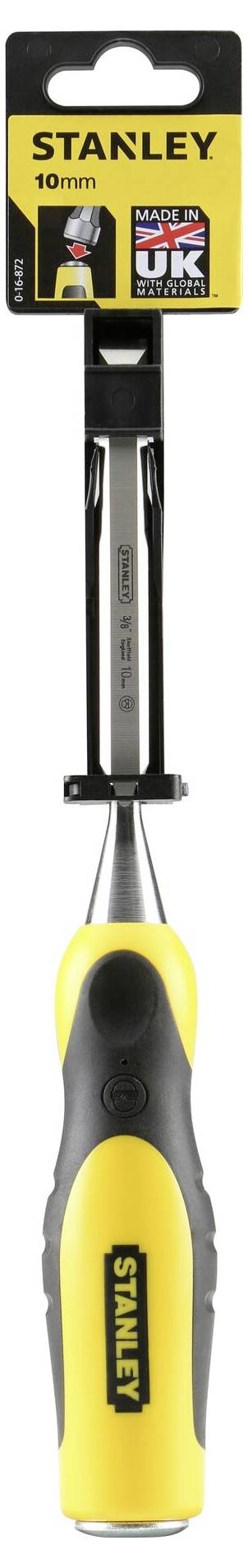 Wkrętak ze żółto-czarnym uchwytem z napisem 'STANLEY 10mm', zapakowany w plastikowe opakowanie.