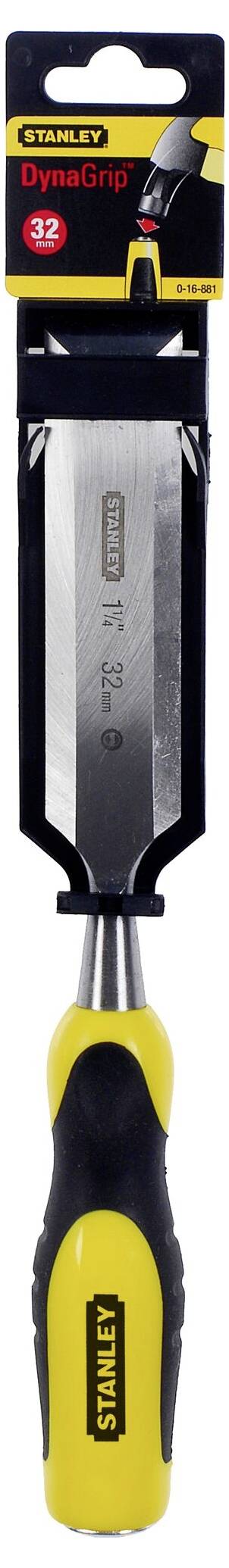 Ilustracja dłuta "Stanley Dynagrip" o szerokości 32 mm, w kolorach czarno-żółtym, z ergonomicznym uchwytem, przeznaczonego do prac w drewnie.