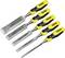 Pięć żółto-czarnych dłut drewnianych o różnych szerokościach ostrza i ergonomicznych uchwytach, ułożonych równolegle.