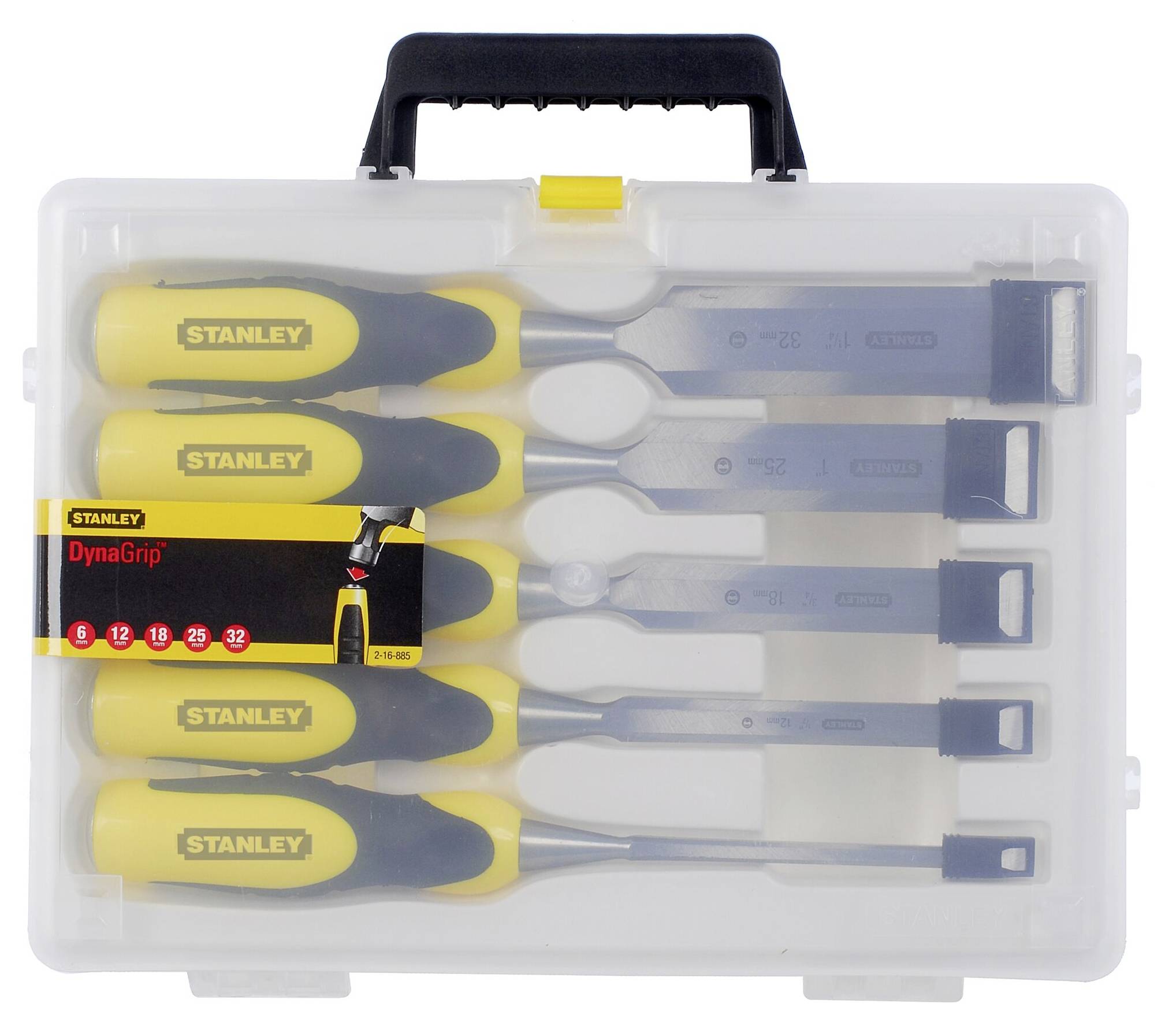 Walizka z sześcioma żółtymi dłutami marki 'Stanley'. Każde dłuto ma inny rozmiar i uchwyt z technologią DynaGrip.