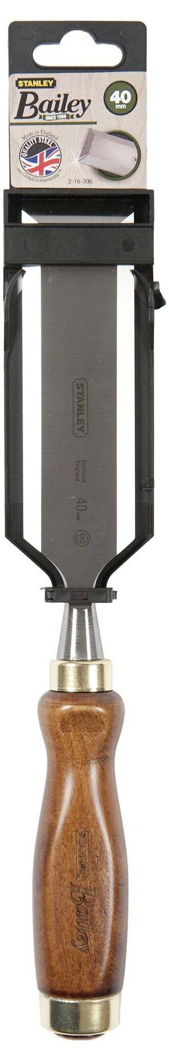 'Hebl Bailey Nr. 40' na zdjęciu. Narzędzie do obróbki drewna z drewnianą rękojeścią, prezentowane na opakowaniu z flagą Unii Jack.