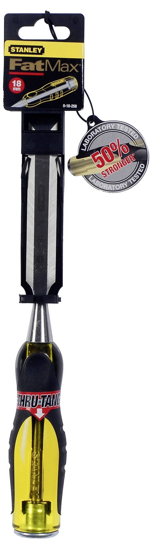 Dłuto Stanley FatMax, sprzedawane w opakowaniu. Na etykiecie widnieje napis '50% mocniejsze', narzędzie przeznaczone jest do prac w drewnie.