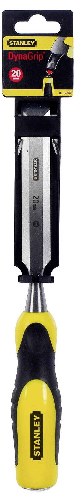 Dłuto Stanley z uchwytem w czarno-żółtym kolorze i ostrzem o szerokości 24 mm, zapakowane w blister.